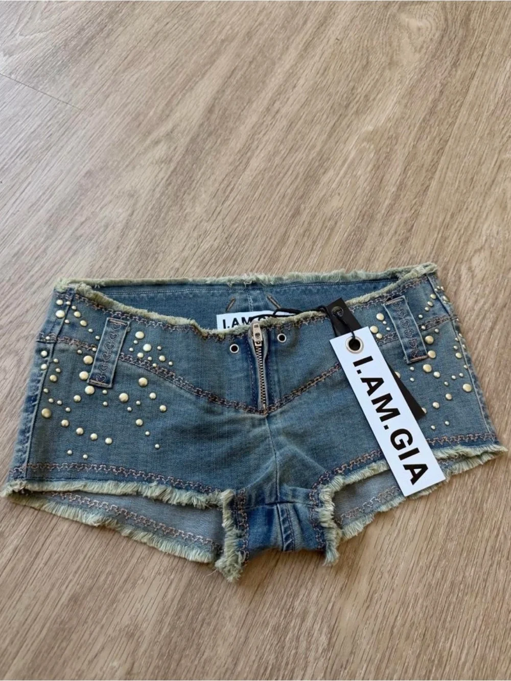 I.AM.GIA VEXA micro blue denim shorts with studs and frayed hem size XS NEW